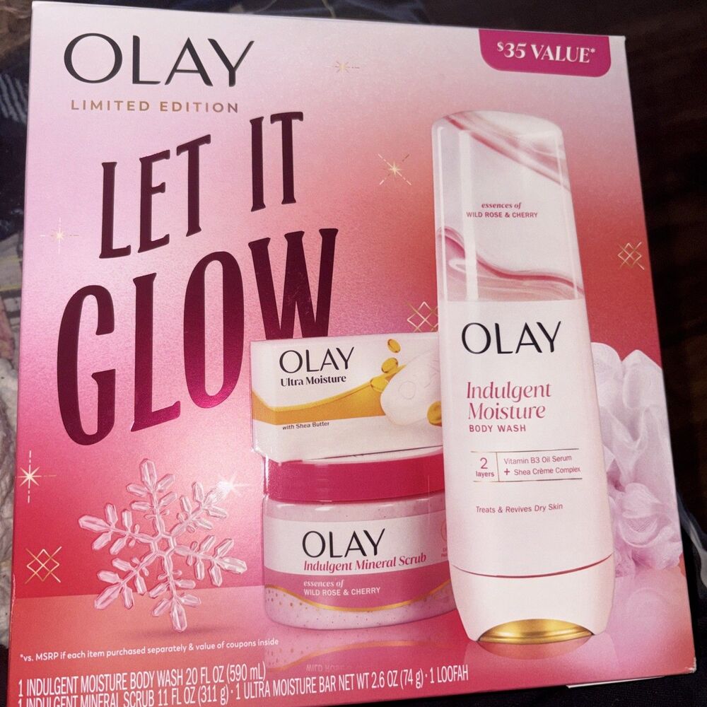 OLAY Let It Glow Limited Edition Gift Set Body Wash, Scrub, Bar Soap with Loofah